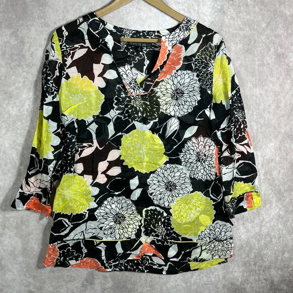 Lafayette 148 Blouse Womens Size 4 Multicolor Floral‎ 3/4 Sleeves V-Neck Casual - Picture 1 of 9
